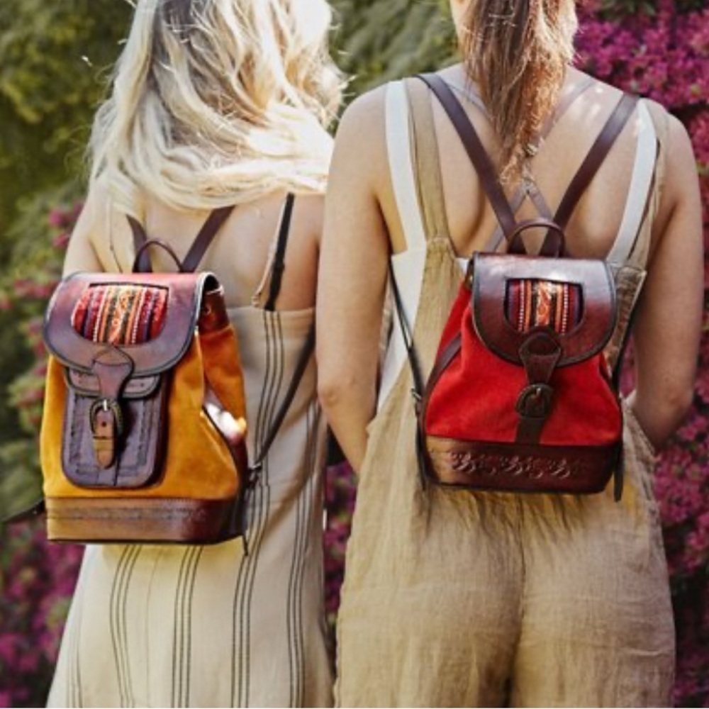 Mochita Peruvian Style Ethnic Suede Red Small Leather Backpack